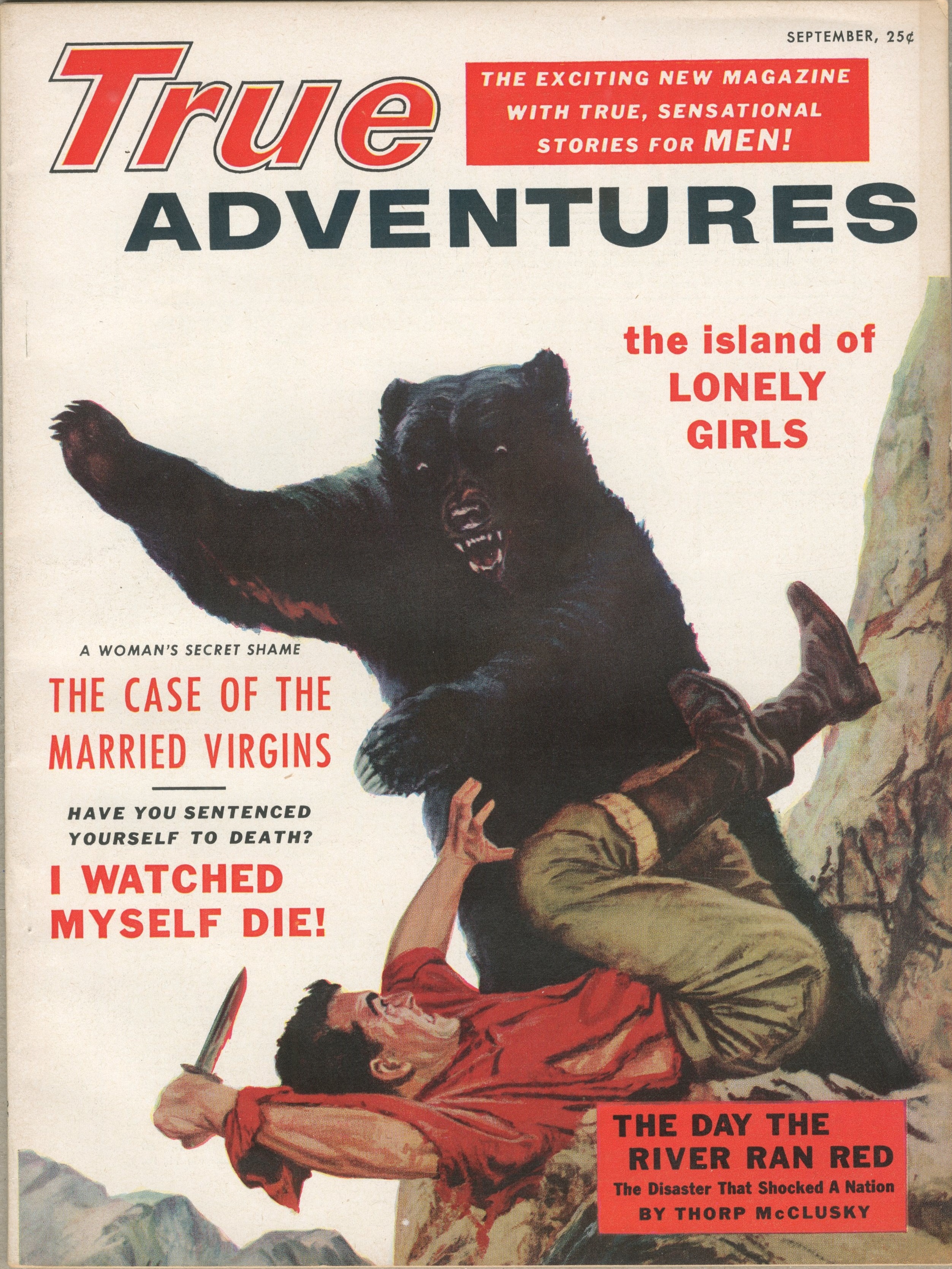 20684104-True Adventures - 1955 09 Sept - bear attack painting by Frank Cozzarell