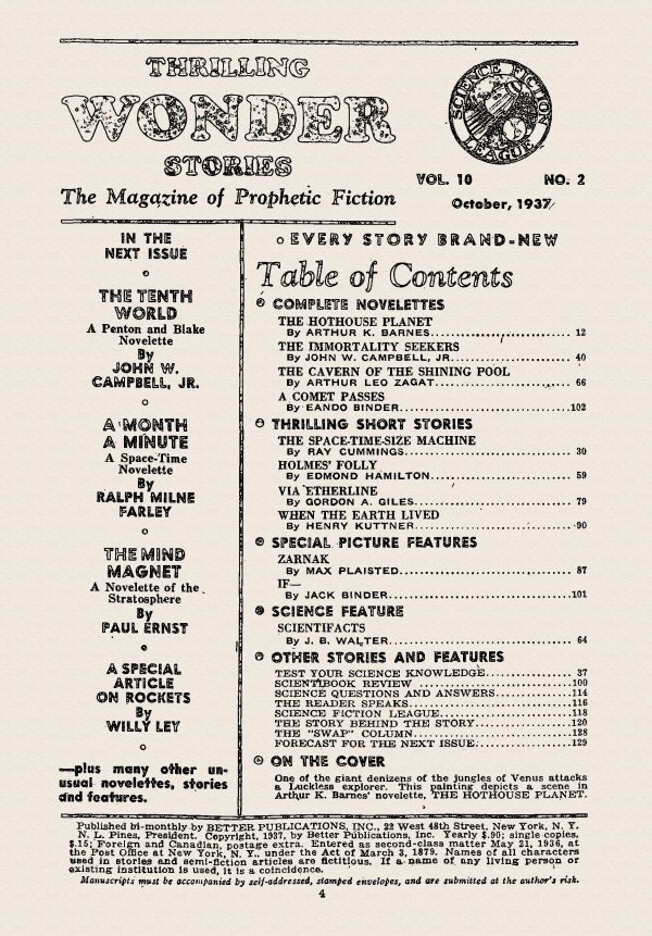 Thrilling Wonder Stories October 1937 Contents