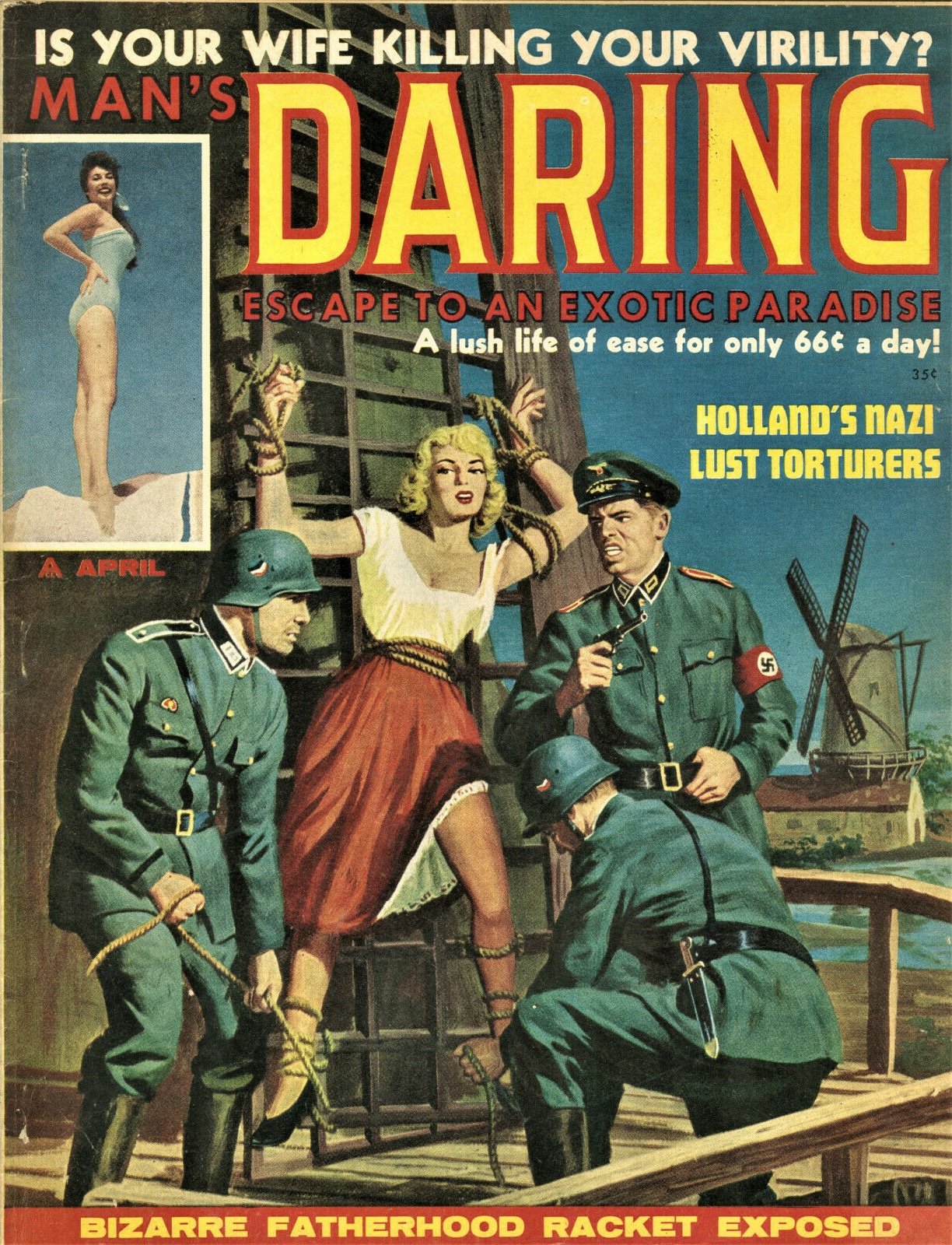 Adventures magazine. Man’s daring Pulp Art. Damsel in Distress Pulp illustration. Nazi 1960. Nazi Magazine.